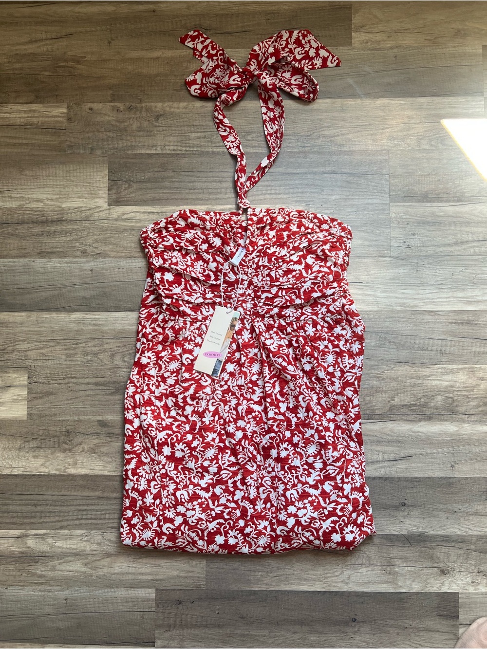Dokotoo Red & White Floral Ruched Halter Dress